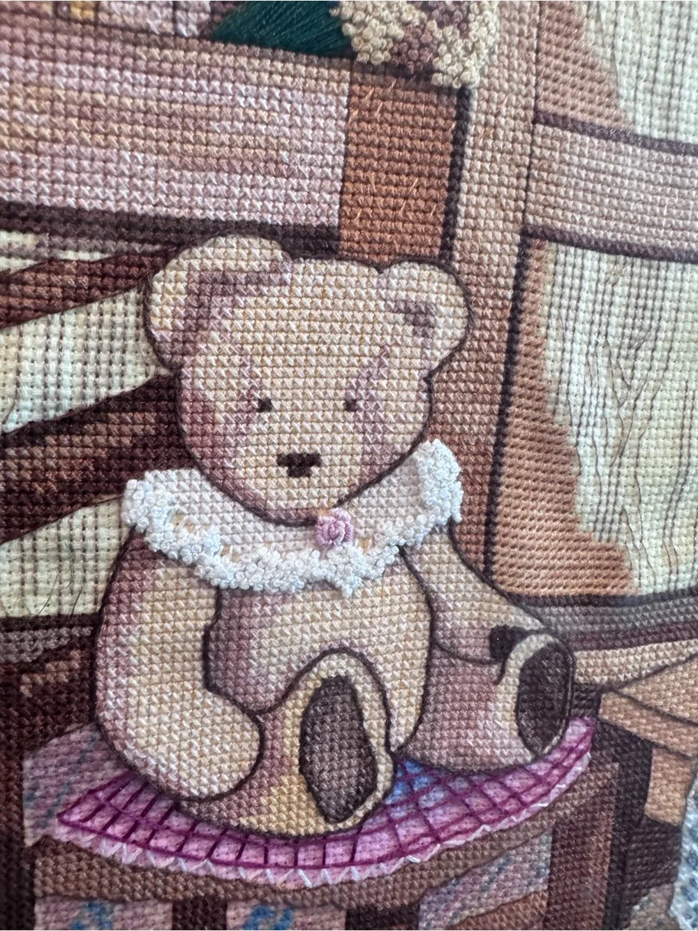 Framed Cross-Stitch Teddy Bear Cottage Core Granny Core Picture
